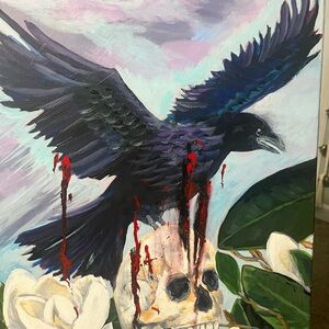 Raven and Skull Dark Art Painting Original - Black and cream
